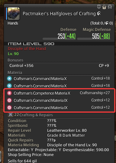 Overmelded crafters gear, red box shows which materia are overmelded